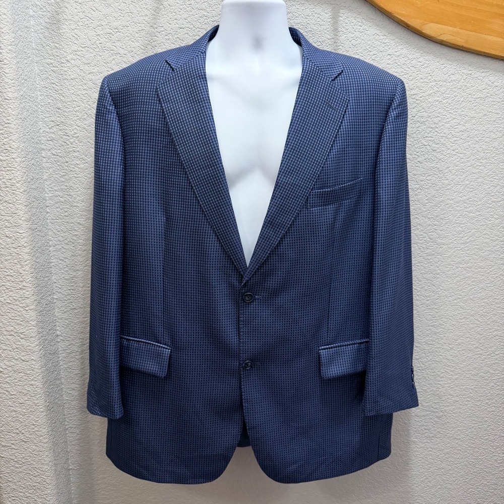 Emilio Yuste‎ Blue Houndstooth  120s Silk Wool Blend Blazer Men 46R Spain Super